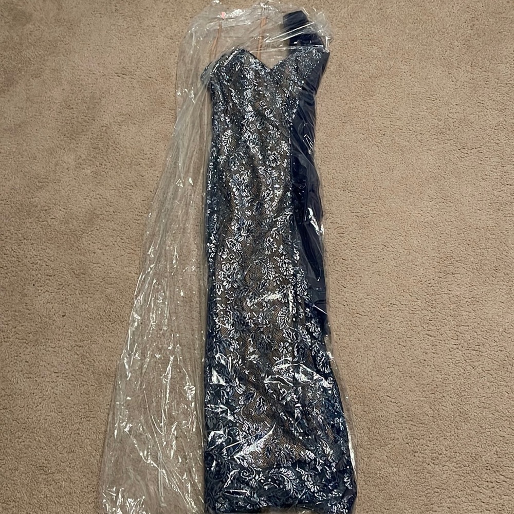 Navy blue with silver accent prom dress